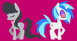 Size: 866x459 | Tagged: safe, artist:megarexetera, character:dj pon-3, character:octavia melody, character:vinyl scratch, species:earth pony, species:pony, species:unicorn, duo, female, simple background