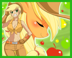Size: 1800x1440 | Tagged: safe, artist:ninja-8004, character:applejack, belly button, breasts, busty applejack, curvy, female, front knot midriff, humanized, midriff, tailed humanization, wide hips