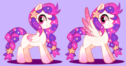 Size: 1255x661 | Tagged: safe, artist:suikuzu, oc, oc only, species:pegasus, species:pony, braid, looking at you, smiling, solo, spread wings, stars, wings