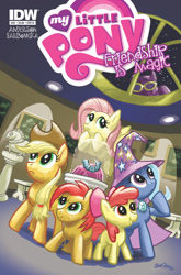 Size: 843x1280 | Tagged: safe, artist:zander cannon, idw, character:apple bloom, character:applejack, character:babs seed, character:fluttershy, character:trixie, burglar, comic, cover, goggles, mask, rough diamond