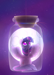 Size: 795x1100 | Tagged: safe, artist:catitty, character:twilight sparkle, character:twilight sparkle (alicorn), species:alicorn, species:pony, bottle, female, mare, moon, pony in a bottle, rainbow thread, solo