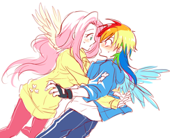 Size: 1128x899 | Tagged: safe, artist:megarexetera, character:fluttershy, character:rainbow dash, species:human, ship:flutterdash, blushing, eye contact, falling, female, hug, humanized, lesbian, open mouth, shipping, sketch, tackle, winged humanization