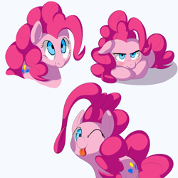 Size: 1092x1094 | Tagged: safe, artist:mostazathy, character:pinkie pie, species:earth pony, species:pony, blep, blushing, crying, cute, diapinkes, female, floppy ears, frown, glare, looking at you, mare, one eye closed, prone, simple background, smiling, solo, tongue out, white background, wink