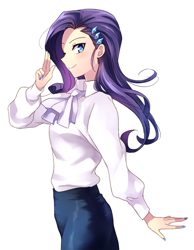Size: 650x837 | Tagged: safe, artist:megarexetera, character:rarity, species:human, aside glance, colored pupils, female, humanized, looking at you, looking sideways, nail polish, simple background, smiling, solo, white background