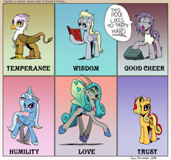 Size: 1945x1817 | Tagged: safe, artist:pony-berserker, idw, character:derpy hooves, character:gilda, character:maud pie, character:queen chrysalis, character:sunset shimmer, character:trixie, species:alicorn, species:griffon, species:pony, comic:of kings and changelings, alternate mane six, andrew w.k., bizarro, bright eyes (mirror universe), dark mirror universe, elements of harmony, i can't believe it's not idw, mirror universe, princess of humility, pun, race swap, reversalis, semi-grimdark series, trixiecorn