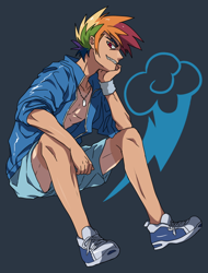 Size: 724x953 | Tagged: safe, artist:megarexetera, character:rainbow dash, species:human, clothing, humanized, open clothes, open shirt, rainbow blitz, rule 63, smirk, solo, tan lines