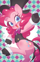 Size: 400x619 | Tagged: safe, artist:qpqp, character:pinkie pie, species:pony, :d, bipedal, clothing, hat, smiling, solo, top hat, tuxedo, wink