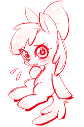 Size: 550x828 | Tagged: safe, artist:qpqp, character:apple bloom, species:earth pony, species:pony, adorabloom, blushing, cute, female, filly, looking at you, open mouth, sitting, solo