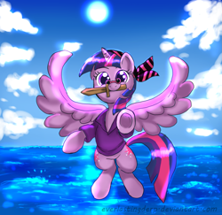 Size: 2723x2649 | Tagged: safe, artist:everlastingderp, idw, character:twilight sparkle, character:twilight sparkle (alicorn), species:alicorn, species:pony, clothing, cute, female, flying, glasses, looking at you, mare, mouth hold, pince-nez, pirate, pointing, shirt, smiling, solo, spread wings, twiabetes, underhoof, wings, wooden sword