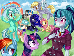 Size: 2000x1500 | Tagged: safe, artist:zorbitas, character:coco pommel, character:derpy hooves, character:dj pon-3, character:fluttershy, character:lyra heartstrings, character:octavia melody, character:princess luna, character:rainbow dash, character:sonata dusk, character:twilight sparkle, character:twilight sparkle (alicorn), character:vinyl scratch, oc, oc:snowdrop, species:alicorn, species:earth pony, species:pegasus, species:pony, species:unicorn, equestria girls:rainbow rocks, g4, my little pony:equestria girls, annoyed, bipedal, blushing, female, frown, gem, mare, open mouth, prone, rainbow, siren gem, smiling, sparkles, tea