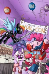 Size: 600x911 | Tagged: safe, artist:caseycoller, idw, character:dj pon-3, character:octavia melody, character:pinkie pie, character:princess luna, character:rainbow dash, character:vinyl scratch, comic cover, cover, crossover, exclusive, g.i. joe, idw advertisement, jem and the holograms, optimus prime, pinkie prime, snake eyes, snake eyes (gijoe), transformers