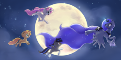 Size: 1500x750 | Tagged: safe, artist:joyfulinsanity, character:baby moondancer, character:princess luna, oc, oc:gari, oc:magpie, children of the night, moon