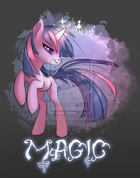 Size: 600x763 | Tagged: dead source, source needed, safe, artist:sambragg, character:twilight sparkle, character:twilight sparkle (unicorn), species:pony, species:unicorn, female, glowing horn, grin, horn, mare, obtrusive watermark, rearing, smiling, solo, text, watermark