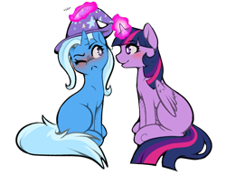 Size: 1302x1003 | Tagged: safe, artist:catitty, character:trixie, character:twilight sparkle, character:twilight sparkle (alicorn), species:alicorn, species:pony, ship:twixie, :<, blank flank, blushing, cute, female, lesbian, magic, mare, shipping, simple background, sitting, smiling, telekinesis, transparent background, vector, wink