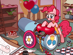 Size: 700x525 | Tagged: safe, artist:kairean, character:gummy, character:pinkie pie, character:smarty pants, balloon, blueprint, goggles, partillery, party cannon, pixiv, safety goggles, solo, working