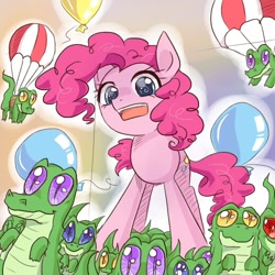 Size: 500x500 | Tagged: safe, artist:keterok, character:gummy, character:pinkie pie, alligator, baby animals, balloon, parachute