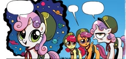 Size: 613x287 | Tagged: safe, edit, idw, character:apple bloom, character:scootaloo, character:sweetie belle, species:pegasus, species:pony, comic, cropped, cute, cutie mark crusaders, diasweetes, dictionary belle, exploitable, faec, filly guides, meteorite, preview, scout uniform