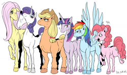 Size: 1773x1047 | Tagged: safe, artist:nekubi, character:applejack, character:fluttershy, character:pinkie pie, character:rainbow dash, character:rarity, character:twilight sparkle, species:earth pony, species:pegasus, species:pony, species:unicorn, bedroom eyes, blushing, confused, diverse body types, female, floppy ears, freckles, frown, glare, horse, line-up, mane six, mare, nervous, nudity, open mouth, pixiv, question mark, raised hoof, raised leg, realistic, simple background, size difference, smiling, smirk, smoldash, spread wings, sweat, unshorn fetlocks, white background, wings