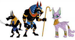 Size: 1280x681 | Tagged: safe, artist:brendahickey, idw, character:baast, species:sphinx, ancient anugypt, ankh, anubis, armor, cat, concept art, crescent moon, earring, egyptian, eye of horus, female, forked tail, jackal, jewelry, king anubis, male, simple background, spear, staff, white background, wings