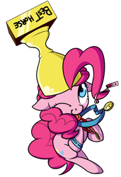 Size: 762x1114 | Tagged: dead source, safe, artist:mostazathy, character:pinkie pie, best pony, blep, cute, diapinkes, floppy ears, medal, one eye closed, simple background, solo, tongue out, transparent background, trophy