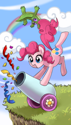 Size: 300x525 | Tagged: safe, artist:kairean, character:gummy, character:pinkie pie, party cannon, tarot card, the fool