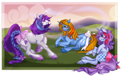 Size: 1024x645 | Tagged: safe, artist:cigarscigarettes, character:glory, character:ribbon (g1), character:sparkler (g1), species:pony, species:unicorn, g1, magic, prone, roller skates, tail bow, trio