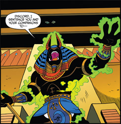 Size: 705x720 | Tagged: safe, idw, official comic, character:baast, ancient anugypt, anubis, dialogue, eyes, green smoke, idw advertisement, king anubis, solo focus, speech bubble