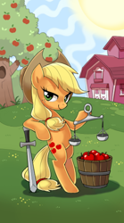 Size: 300x540 | Tagged: safe, artist:kairean, character:applejack, species:earth pony, species:pony, apple, barn, clothing, female, freckles, grass, hat, justice, justitia, lady justice (goddess), mare, scales, scales of justice, sky, smiling, solo, sun, sword, tarot card, tree