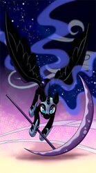 Size: 300x540 | Tagged: safe, artist:kairean, character:nightmare moon, character:princess luna, death, flying, scythe, solo, tarot card