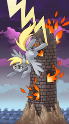 Size: 300x540 | Tagged: safe, artist:kairean, character:derpy hooves, species:pegasus, species:pony, castle, female, fire, lightning, mare, solo, tarot card, the tower