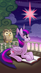 Size: 300x540 | Tagged: safe, artist:kairean, character:owlowiscious, character:twilight sparkle, character:twilight sparkle (alicorn), species:alicorn, species:pony, book, cutie mark, female, mare, solo, tarot card, the star