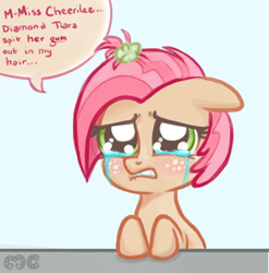 Size: 740x750 | Tagged: safe, artist:mcponyponypony, character:babs seed, character:cheerilee, character:diamond tiara, adorababs, big eyes, blushing, bubblegum in hair, crying, cute, dialogue, frown, gum, lip bite, messy mane, sad, solo