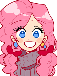 Size: 600x800 | Tagged: safe, artist:kairean, character:pinkie pie, species:human, beautiful, bow, bust, clothing, colored pupils, ear piercing, earring, eye clipping through hair, female, hair bow, humanized, jewelry, piercing, portrait, smiling, solo, sweater, turtleneck