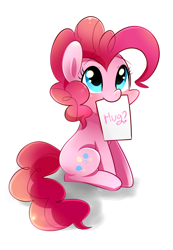 Size: 900x1300 | Tagged: safe, artist:sion-ara, character:pinkie pie, blushing, bronybait, crayon, cute, diapinkes, hug, hug request, looking up, mouth hold, paper, simple background, sitting, solo, white background