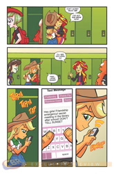 Size: 900x1366 | Tagged: safe, artist:tonyfleecs, idw, character:applejack, character:drama letter, character:sunset shimmer, character:watermelody, my little pony:equestria girls, background human, cellphone, golden hazel, hug, idw advertisement, phone, preview, texting