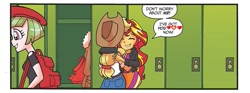 Size: 867x323 | Tagged: safe, artist:tonyfleecs, edit, idw, character:applejack, character:drama letter, character:sunset shimmer, character:watermelody, ship:appleshimmer, my little pony:equestria girls, background human, cropped, female, heart, hug, lesbian, preview, shipping