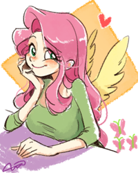 Size: 450x562 | Tagged: safe, artist:kairean, character:fluttershy, species:human, abstract background, breasts, busty fluttershy, cute, cutie mark, eye clipping through hair, female, fluttershy's cutie mark, hand on cheek, heart, humanized, looking at you, shyabetes, smiling, solo, weapons-grade cute, winged humanization