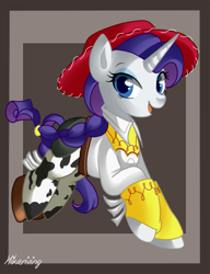 Size: 561x730 | Tagged: safe, artist:hikariviny, idw, character:rarity, cowgirl, cowprint, crossover, jessie (toy story), solo, toy story