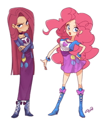 Size: 600x720 | Tagged: safe, artist:kairean, character:pinkamena diane pie, character:pinkie pie, species:human, my little pony:equestria girls, angry, clothing, crossed arms, dress, duality, happy, humanized, looking at you, pouting, unamused