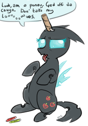 Size: 594x850 | Tagged: safe, artist:mcponyponypony, oc, oc only, oc:danganya, species:changeling, changeling oc, crayon, cute, cuteling, cutie mark, fake cutie mark, fake horn, seems legit, solo, tape, toilet paper roll, tongue out