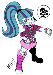 Size: 704x988 | Tagged: safe, artist:nekubi, character:sonata dusk, equestria girls:rainbow rocks, g4, my little pony:equestria girls, female, looking at you, pictogram, skull and crossbones, solo, thumbs down, winking at you
