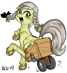 Size: 857x933 | Tagged: safe, artist:nekubi, character:jinx, bandage, bow, disabled, hair bow, handicapped, smiling, underhoof, wheelchair