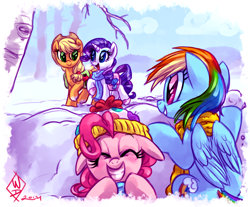 Size: 1150x950 | Tagged: safe, artist:whitediamonds, character:applejack, character:pinkie pie, character:rainbow dash, character:rarity, species:earth pony, species:pegasus, species:pony, species:unicorn, ship:rarijack, clothing, eyes closed, female, grin, hat, headband, laughing, lesbian, mare, open mouth, rarijack daily, scarf, shipping, smiling, snow, winter