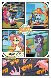 Size: 630x969 | Tagged: safe, idw, character:fluttershy, character:heath burns, character:pinkie pie, character:rainbow dash, character:rarity, species:bird, my little pony:equestria girls, balloon, boots, bracelet, classroom, clothing, heath burns, high heel boots, idw advertisement, iphone, jewelry, keyboard, library, lockers, phone, skirt, smartphone, typing
