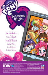 Size: 630x970 | Tagged: safe, artist:tonyfleecs, idw, character:applejack, character:fluttershy, character:pinkie pie, character:rainbow dash, character:rarity, character:sunset shimmer, character:twilight sparkle, my little pony:equestria girls, cyclops, detective, equestria girls logo, mane six, sherlock holmes, sherlock shimmer