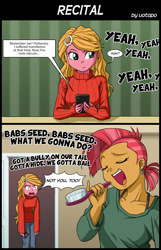 Size: 870x1350 | Tagged: safe, artist:uotapo, idw, character:babs seed, character:sunflower, my little pony:equestria girls, adorababs, babs seed song, comic, cute, dialogue, ear piercing, earring, hairbrush, jewelry, piercing, singing, song reference, speech bubble