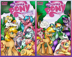 Size: 1024x811 | Tagged: safe, artist:ponygoddess, idw, character:applejack, character:applejack (g1), character:firefly, character:fluttershy, character:pinkie pie, character:posey, character:rainbow dash, character:rarity, character:sparkler (g1), character:surprise, character:twilight (g1), character:twilight sparkle, character:twilight sparkle (alicorn), species:alicorn, species:pony, g1, applejack's hat, clothing, comparison, cowboy hat, female, g1 six, generational ponidox, hat, mane six, mare, tail bow