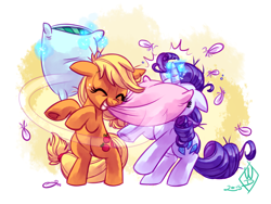 Size: 1400x1050 | Tagged: safe, artist:whitediamonds, character:applejack, character:rarity, species:pony, ship:rarijack, bipedal, cute, eyes closed, feather, female, floppy ears, grin, lesbian, magic, messy mane, mouth hold, pillow, pillow fight, rarijack daily, rearing, shipping, smiling, telekinesis