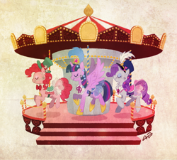 Size: 600x540 | Tagged: safe, artist:kairean, character:pinkie pie, character:rarity, character:twilight sparkle, character:twilight sparkle (alicorn), species:alicorn, species:pony, carousel, female, mare