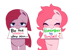 Size: 1000x685 | Tagged: safe, artist:joyfulinsanity, character:pinkamena diane pie, character:pinkie pie, duality, mouth hold, positive ponies, self ponidox, sign